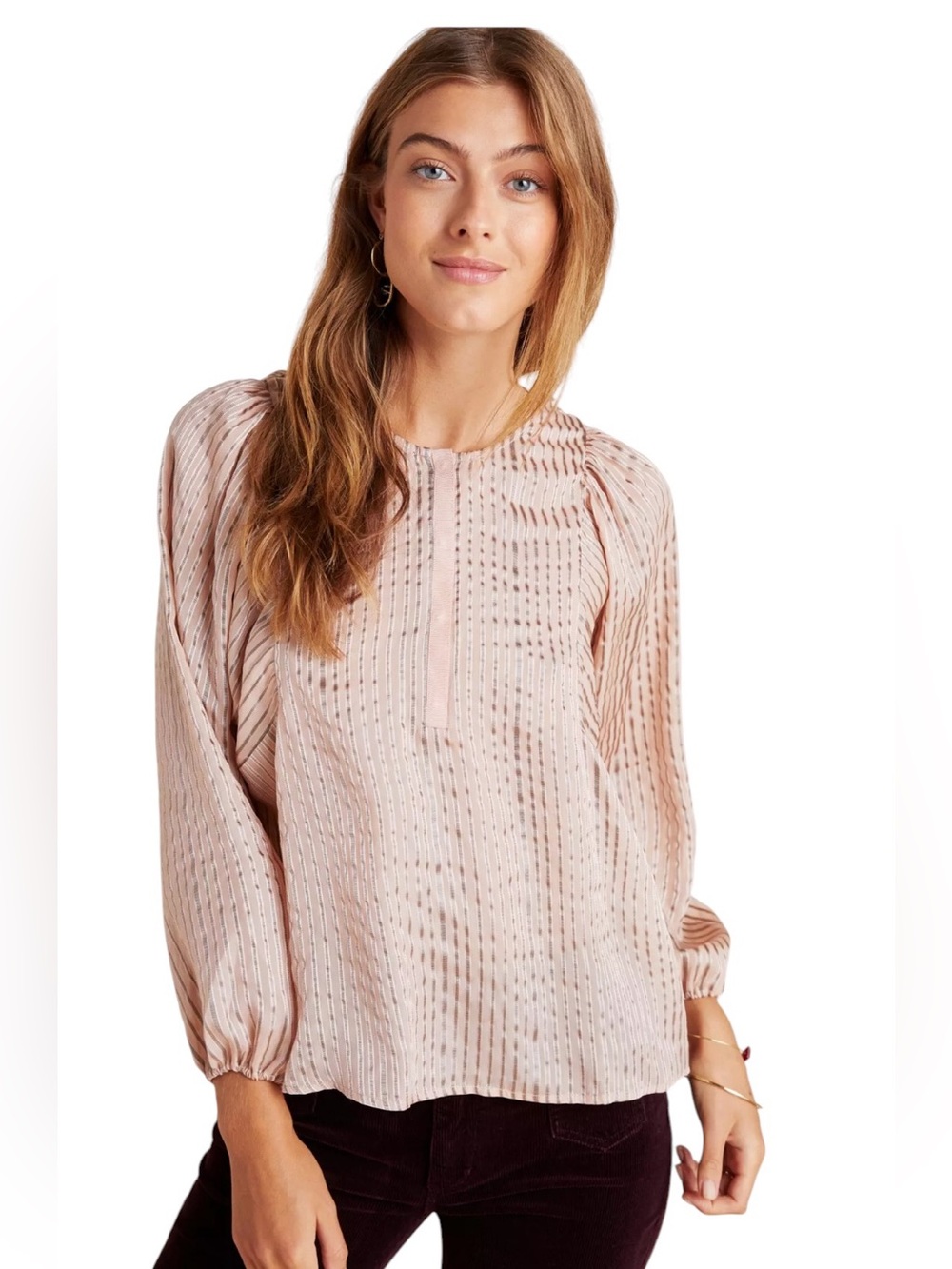Anthropologie Dolan Shimmer Marilyn Silk Henley Blouse Women's Blush Pink S